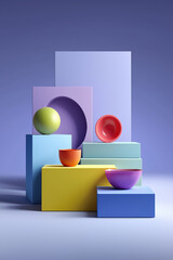 Poster - A colorful display of bowls and a ball arranged on a blue background. The bowls are of different sizes and colors, and the ball is green. The arrangement creates a sense of balance and harmony