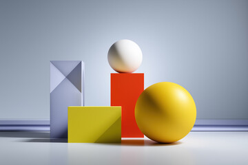 Poster - A collection of geometric shapes and a ball are arranged on a table. The shapes are of different sizes and colors, and the ball is yellow. The arrangement creates a sense of balance and harmony