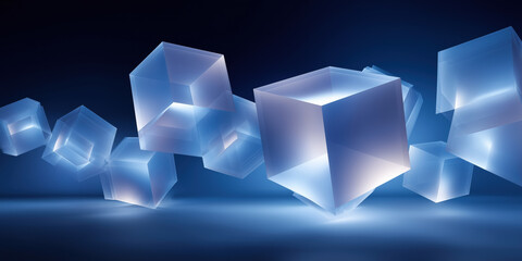 Fototapete - A series of cubes in blue and white are floating in the air. The cubes are illuminated and appear to be floating in a blue sky. The image has a futuristic and abstract feel to it