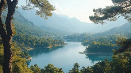 Aufkleber - Scenic Lake and Mountain Landscape: A picturesque panorama unveils a serene lake cradled amidst majestic mountains, inviting contemplation and evoking a sense of tranquility in the heart of nature.