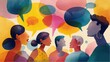 © mirukser - Diverse people communicate with speech bubbles sharing thoughts in vivid watercolor effect