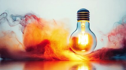 Poster - Illuminated Innovation: A light bulb glows brightly amidst a swirling cloud of vibrant, energetic colors, signifying the spark of an idea, progress and creativity.