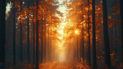 Poster - Autumnal Canopy: A serene pathway through a forest bathed in warm sunlight, the trees displaying vibrant autumn colors, creating a breathtaking scene of nature's beauty.