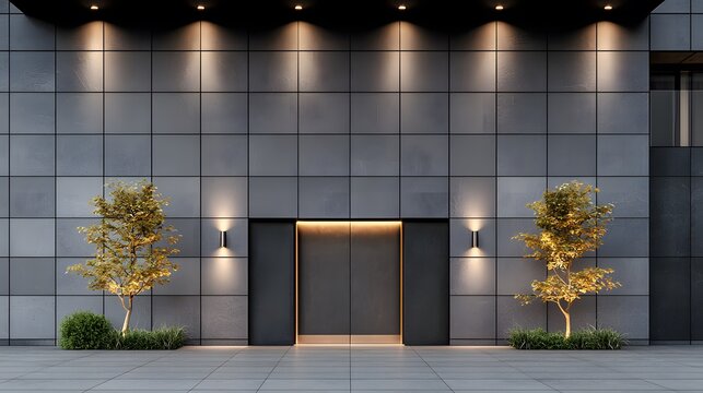 Modern Building Entrance with Concrete Wall and Metal Frame at Night