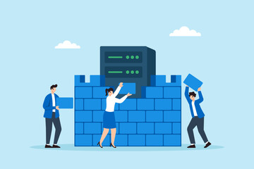Poster - Flat illustration of three people building fortress wall from data blocks around server to prevent cyberattacks with encryption layers