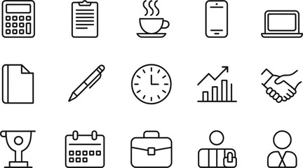 Poster - Set of minimalist black and white business icons illustrating work and office elements