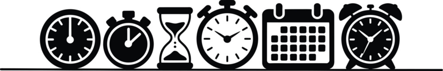 Poster - Collection of black and white timekeeping icons including clock stopwatch hourglass calendar alarm clock