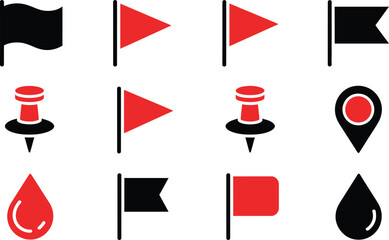 Poster - Vector icon collection of flags pushpins location markers and droplets in red and black