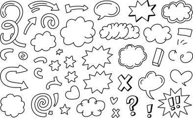Poster - Hand drawn black and white doodle elements collection including arrows speech bubbles and stars