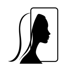 Wall Mural - woman silhouette profile with long ponytail, framed by a smartphone outline on white background