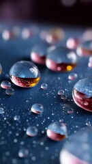 Poster - Close up of water droplets on a blue surface with reflection of pink and gold liquid in the spherical shapes