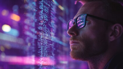Man looking at computer screen with code