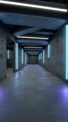 Poster - Long concrete hallway with glowing neon lights, architectural corridor with industrial textures and modern lighting