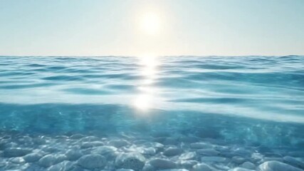 Aufkleber - Sunlit Ocean Depths: Crystal-clear ocean water meeting a bed of smooth, white stones, sunlight refracting through the surface, creating a mesmerizing scene of tranquility.