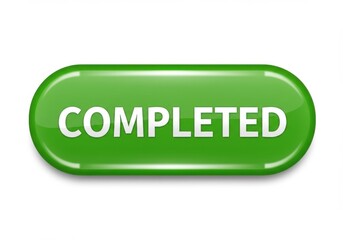 Fototapete - A shiny green button with the word completed in white lettering centered on it