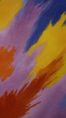 Poster - Abstract colorful painting with orange, yellow, blue, and purple brushstrokes on canvas in diagonal design, creating a vibrant and textured artistic backdrop.