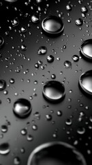 Poster - Macro shot of water droplets on a glossy dark surface, creating a textured pattern with reflective highlights and subtle shadows.
