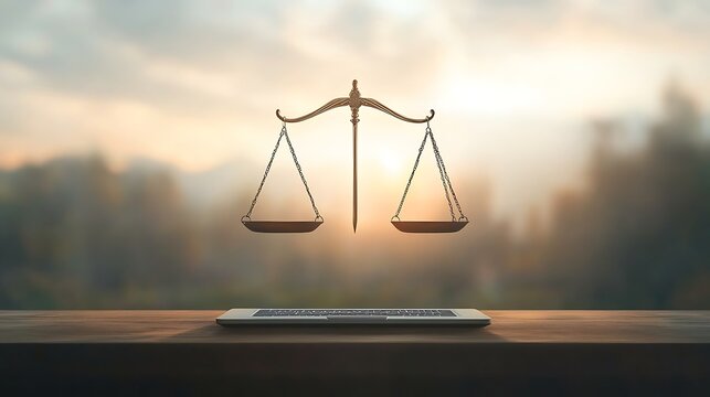 Scales of Justice with Laptop, and Sunset.