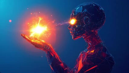 Poster - An abstract humanoid robot holds a bright light AI semiconductor on a palm. Science or Artificial Intelligence Innovation concept. Low poly wireframe illustration. Blue technology background.
