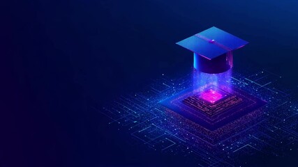 Poster - AI education or machine learning background. Abstract digital tech bg. AI chip and graduate hat in blue with light neon effects. Artificial Intelligence concept. Low poly wireframe vector illustration