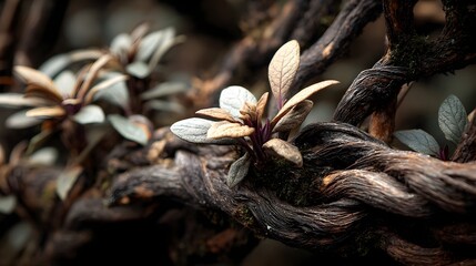 Wall Mural - Delicate silver-grey leaves sprout from dark gnarled wood in a moody close-up nature scene showcasing intricate textures and details.