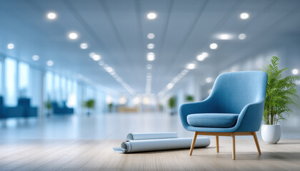 Poster - Modern blue chair with wooden legs and rolled construction blueprints on wooden floor in bright office space showcasing technology