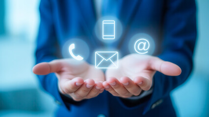 Poster - Businessman in Suit Holding Digital Communication Icons in Hands, Modern Technology Concept