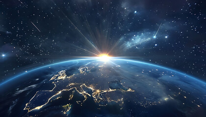 blue earth and sun in a dark outer space cosmos with bright stars and nebula light