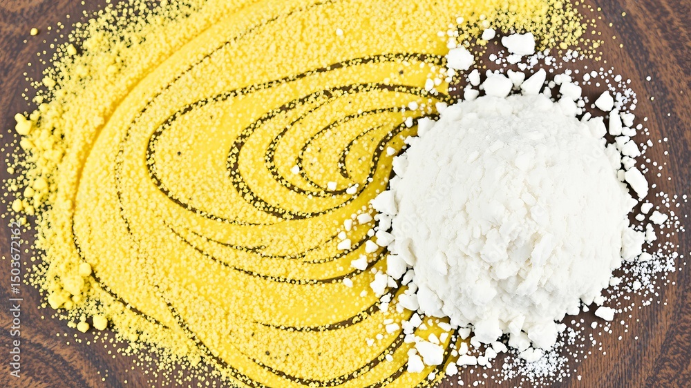 A close-up shot shows a comparison of yellow cornmeal and white flour