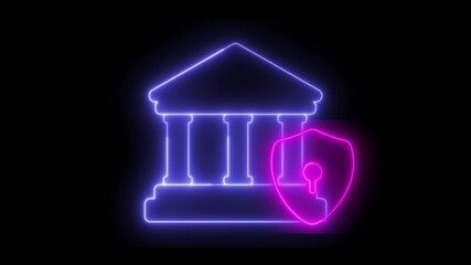 Poster - Neon animation of a bank icon with a shield. Bank security concept.
