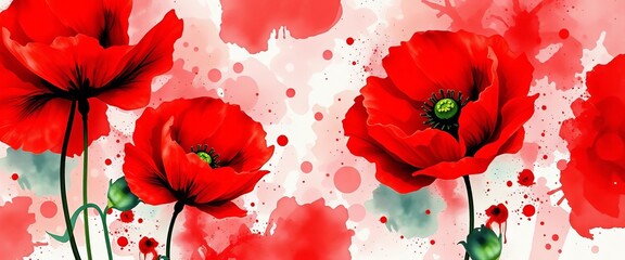 Wall Mural - Vibrant red poppy watercolor splashes, abstract floral background, petal,  fantasy