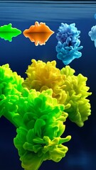 Poster - Abstract colorful ink drops in water, creating vibrant cloud formations against a dark blue background, full of dynamic textures and shapes.