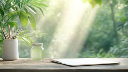 Poster - Creative Corner in the Sunlight: A workspace with a refreshing aesthetic, natural light floods a wooden desk, adorned with artist tools, invites creativity and reflection.