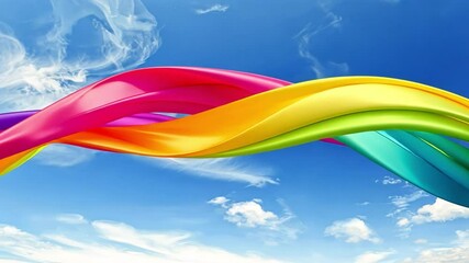 Poster - vibrant fabric waves of colorful pink, orange, and yellow flow against bright blue sky with fluffy c