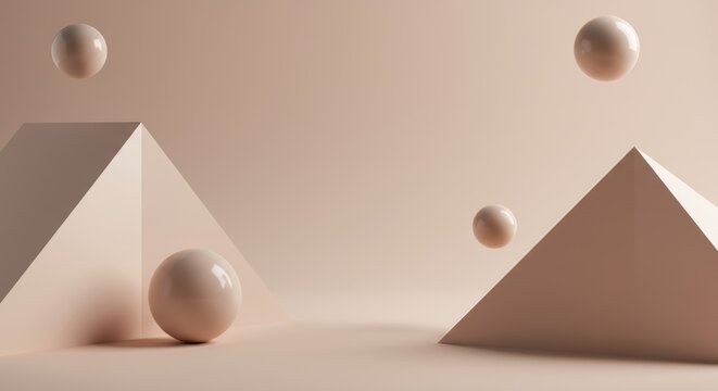 Minimalist Low Poly Art Composition with Spheres and Pyramids in Pastel Tones