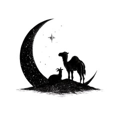 silhouette of camel and goat resting under a bright crescent moon and starry night sky isolated on w