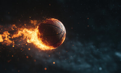 Poster - Flaming basketball is soaring through air, creating dynamic and energetic scene. fiery trail adds excitement and intensity to