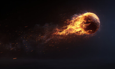 Poster - Flaming basketball in motion, showcasing energy and excitement, with fiery trails and dynamic movement