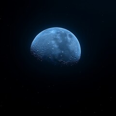 a celestial view of a vibrant blue moon, partially illuminated against a deep black night sky dotted