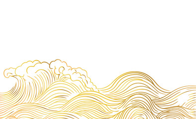 Wall Mural - Gold asian wave line sea vector pattern. White background. Japanese style abstract water illustration. Luxury oriental poster and river banner