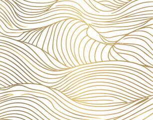 Wall Mural - Gold asian wave line sea vector pattern. White background. Japanese style abstract water illustration. Luxury oriental poster and river banner