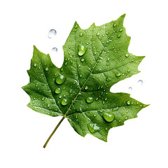 Poster - photograph of a fresh green maple leaf with multiple water droplets highlighting the natural texture and intricate veins centered and isolated on a clean white background
