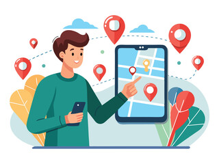 Poster - Man using mobile map app for navigation isolated on white background
