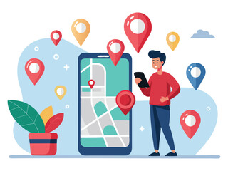 Poster - Person using mobile gps navigation app isolated on white background
