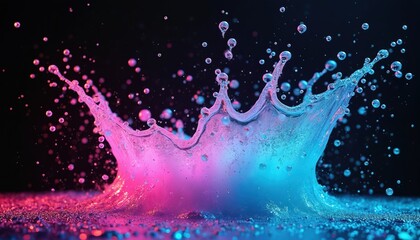 Poster - Abstract neon light splash water. Liquid splash with pink, blue, cyan colors. Water drops, waves, bright surface, glow effect on black background. Digital art. Modern creative design.