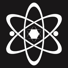 Poster - white atom symbol with orbiting electrons and a hexagonal core on a black background design element