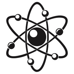 Poster - Illustration of an atom with a central nucleus and orbiting electrons in a stylized design isolated