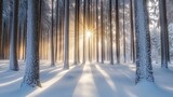 Sunbeams in a snowy forest
