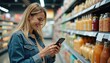 © Viktor - Happy woman uses smartphone in supermarket. She smiles looks at phone while choosing food. Smiling female customer in grocery store, shopping and buying food. Lifestyle, retail, consumerism.