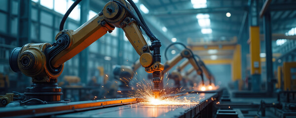 Poster - Robot arm welding metal in factory. Sparks fly. Modern automated industrial machine technology. Robotic automation in manufacturing production. Smart manufacturing tech and industrial design.